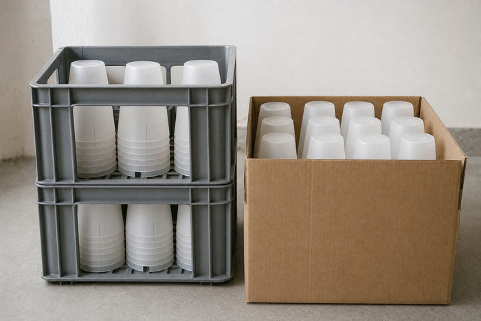 Gobelets réutilisables en caisse de location et en carton