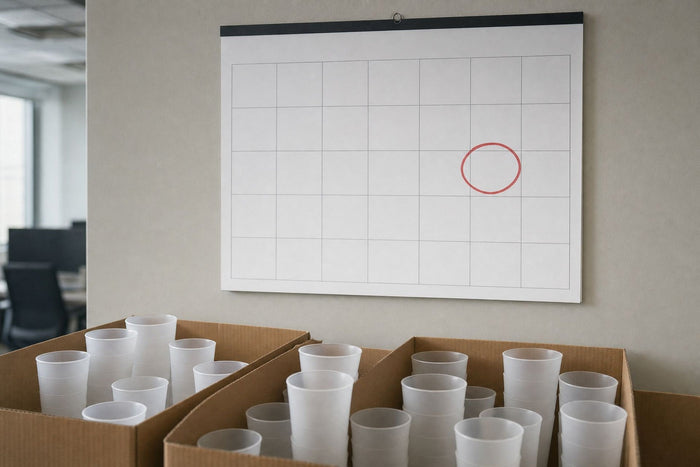 Calendrier mural avec une date entourée en rouge au-dessus de cartons de gobelets
